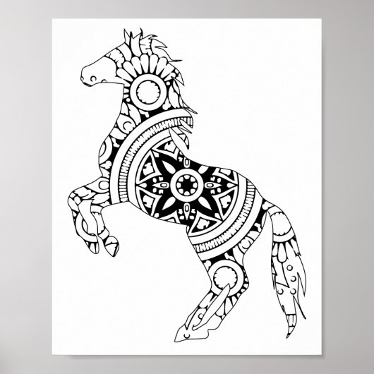 Horse Mandala Back and White Silhouette Drawing Poster (Voorkant)