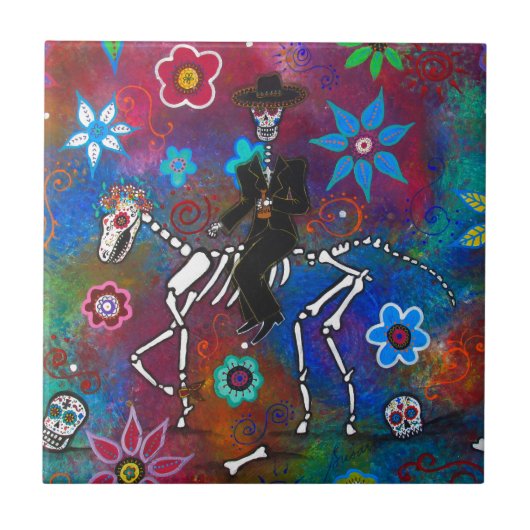 HORSE MARIACHI RIDER DIA DE LOS MUERTOS TEGELTJE (Voorkant)
