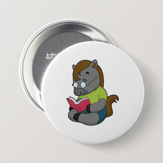 Horse Nerd Book Glasses Ronde Button 7,6 Cm (Voorkant /achterkant)