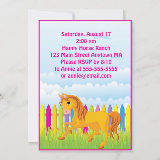 Horse Pony Girl Birthday Party Invitation Kaart (Voorkant)