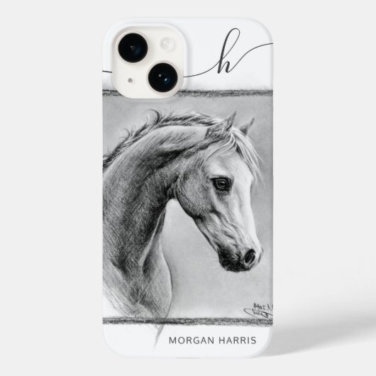 Horse Portrait Equine Charcoal Drawing Monogram Case-Mate iPhone Case (Achterkant)