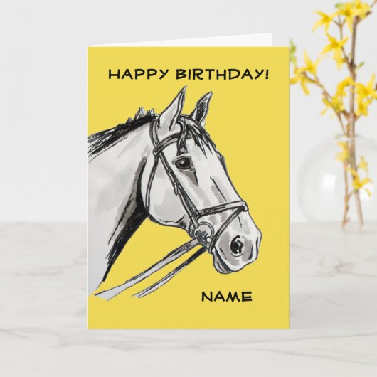 Horse Portrait Ink Pen Verjaardag Kaart (Gele Bloem)