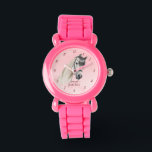 Horse portret pony meisjes kijken naar kinderen horloge<br><div class="desc">Paardenportret cowgirl ruitersport gepersonaliseerde naam kinder horloge,  paardenliefhebbers cadeau,  cadeau voor meisjes,  wit paardenportret,  pastel roze achtergrond</div>