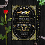 Horse Racing Day Party Art Deco Black Gold Kaart<br><div class="desc">These beautiful horse racing derby day party uitnoations are designed in shades of gold, silver, and bronze on black with a slight marble effect. The ornate design recalls themes from the Edwardian and Roaring Twwards eras, with intricate filigree and roses combined with geometric elements. Het design omvat ook three racing...</div>
