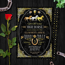 Horse Racing Day Party Art Deco Black Gold Kaart