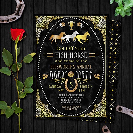 Horse Racing Day Party Art Deco Black Gold Kaart