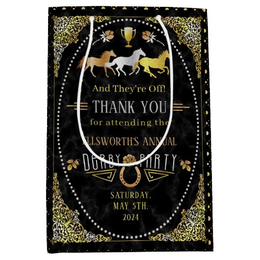 Horse Racing Day Party Art Deco Black Gold Medium Cadeauzakje (Voorkant)