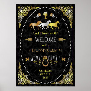 Horse Racing Day Party Art Deco Black Gold Poster