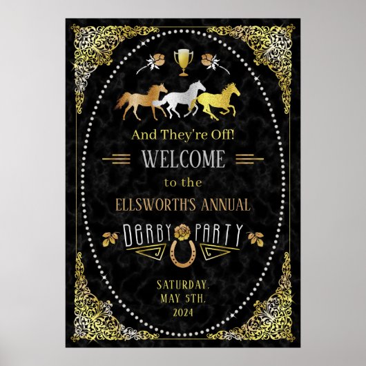 Horse Racing Day Party Art Deco Black Gold Poster (Voorkant)
