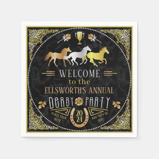 Horse Racing Day Party Art Deco Black Gold Servet (Voorkant)