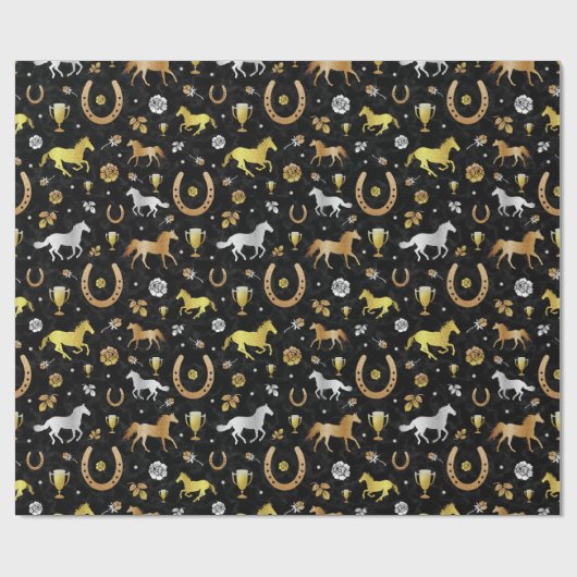 Horse Racing Derby Day Black Gold Pattern Cadeaupapier (Vlak)