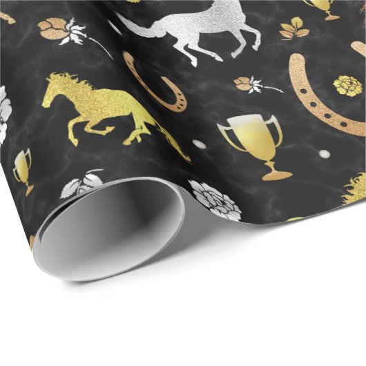 Horse Racing Derby Day Black Gold Pattern Cadeaupapier (Rol Hoek)