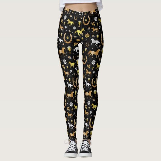 Horse Racing Derby Day Black Gold Pattern Leggings (Voorkant)