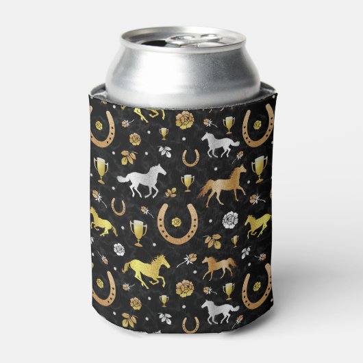 Horse Racing Derby Day Black Gold Pattern Monogram Blikjeskoeler (Blikje Voorkant)