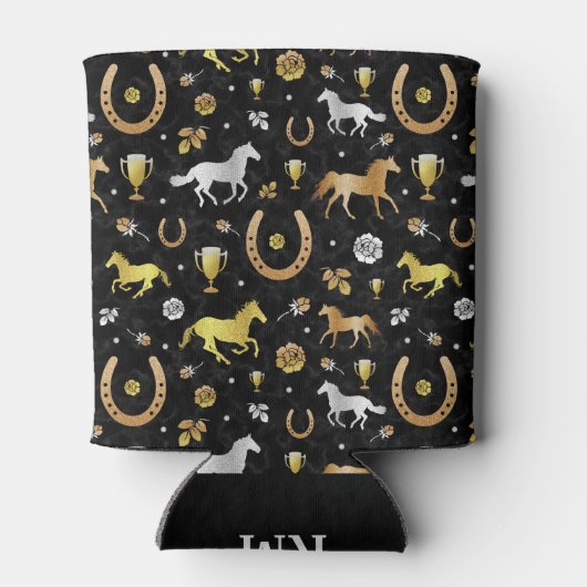 Horse Racing Derby Day Black Gold Pattern Monogram Blikjeskoeler (Achterkant)