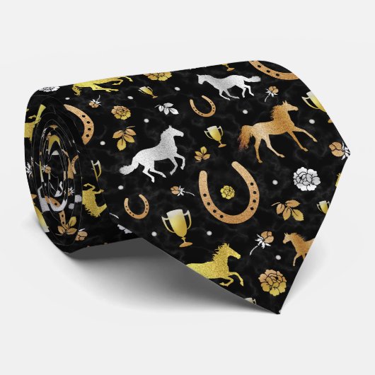 Horse Racing Derby Day Black Gold Pattern Stropdas (Opgerold)