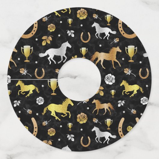Horse Racing Derby Day Black Gold Pattern Wijnglaslabel (Voorkant)