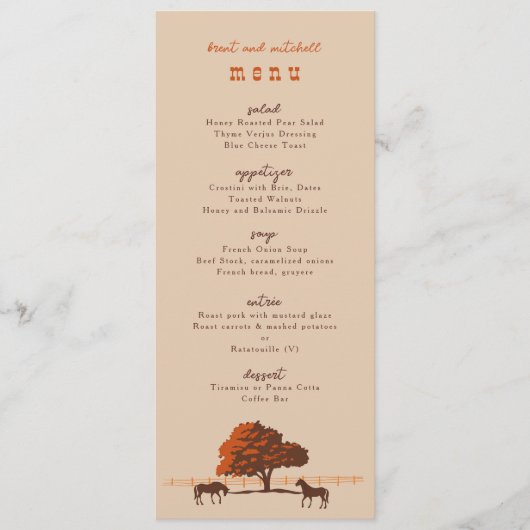 Horse Rail Fence Eiken Paarden Trouwdiner Menu (Voorkant)