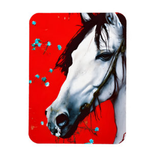 Horse Red Background Blue Flowers Magneet