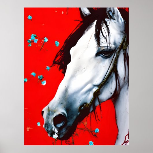 Horse Red Background Blue Flowers Poster (Voorkant)