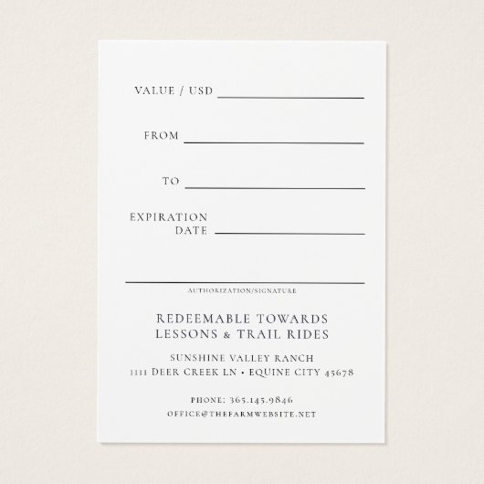 Horse Riding Lessons Gift Certificate Template Visitekaartje (Achterkant)
