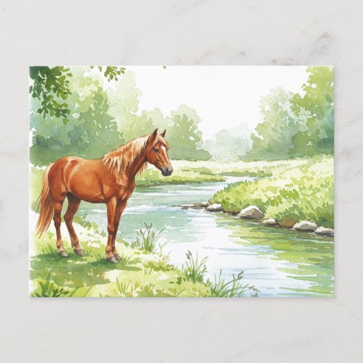 Horse River Peaceful Watercolor Nature Postcard Feestdagenkaart (Voorkant)