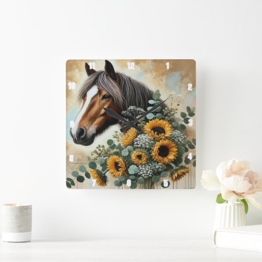 Horse Rustic Zonnebloemen Vierkante Klok (Huis)