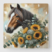 Horse Rustic Zonnebloemen Vierkante Klok (Voorkant)