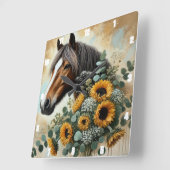 Horse Rustic Zonnebloemen Vierkante Klok (Hoek)