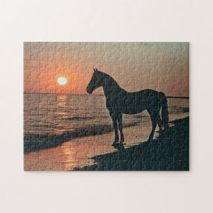 Horse Silhouette Zonsondergang bij de oceaan Legpuzzel