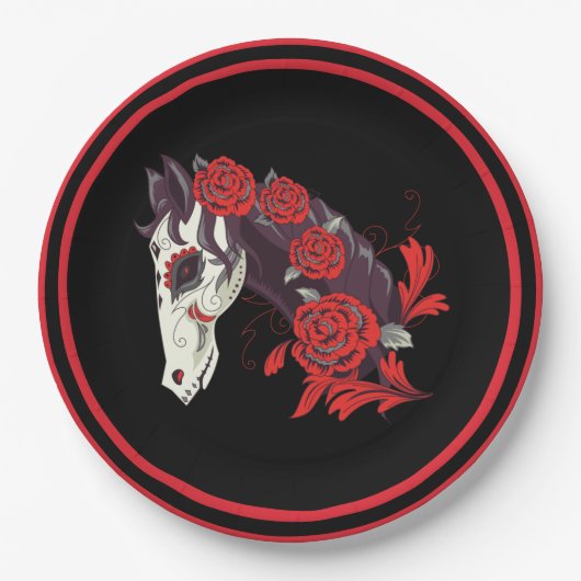 Horse Skull met Red Roses Dias de los Muertos Papieren Bordje (Voorkant)