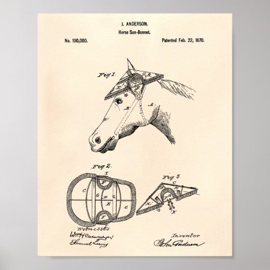Horse Sunbonnet 1870 Patent Art Old Peper Poster (Voorkant)
