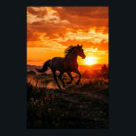 Horse Sunset Poster | Running Black Horse Wall Art<br><div class="desc">Bring motion,  warmth,  and western character into your space with this horse sunset poster showcasing a running black horse beneath a vivid golden-orange sky.
​
The artwork blends strong equine movement with glowing sunset tones,  making it ideal for horse lovers,  rustic homes,  western-themed rooms,  and statement wall displays.</div>