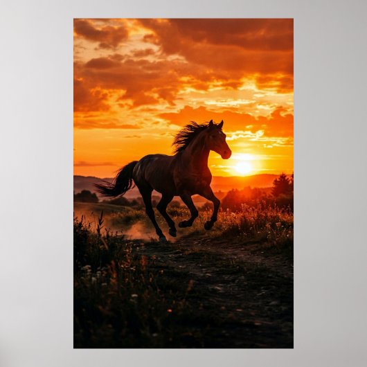 Horse Sunset Poster | Running Black Horse Wall Art (Voorkant)