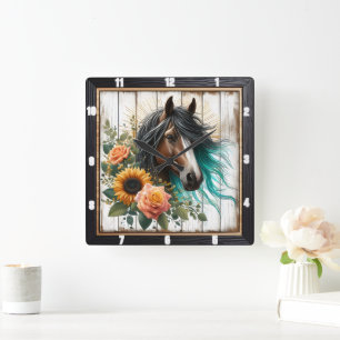 Horse Turquoise Mane Floral Vierkante Klok