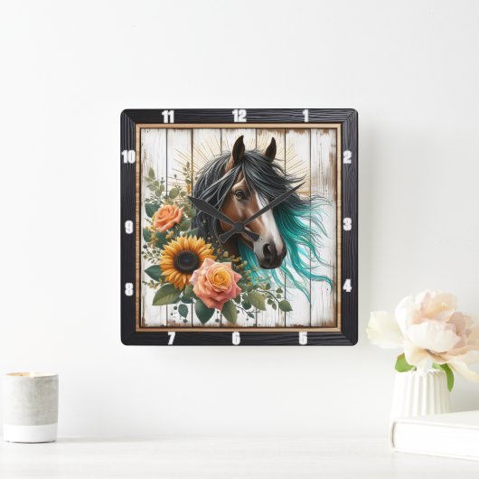 Horse Turquoise Mane Floral Vierkante Klok (Huis)