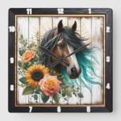 Horse Turquoise Mane Floral Vierkante Klok (Voorkant)