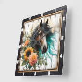 Horse Turquoise Mane Floral Vierkante Klok (Hoek)