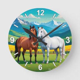 Horse Wall Clock – White and Brown Horses Nature H Ronde Klok