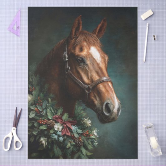 Horse with Holiday Wreath and Red Ribbon Tissuepapier (Craft)