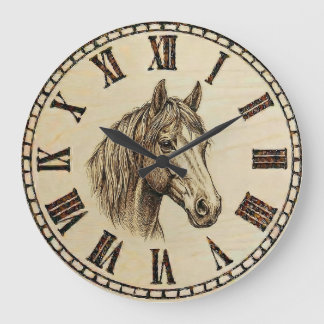 Horse Wood Burned Wall Clock Grote Klok