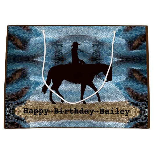 Horseback Cowgirl Birthday Blue Groot Cadeauzakje (Voorkant)
