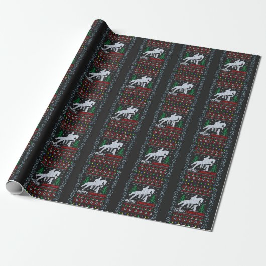 Horseback Riding Jumping Merry Kerstmis Cadeaupapier (Uitgerold)