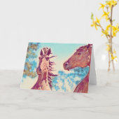 Horses Aqua Blue Illustrated Art Note Kaart (Gele Bloem)