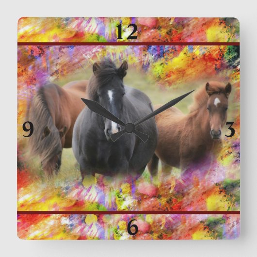 Horses Colorful Square Wall Clock Vierkante Klok (Voorkant)
