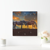 Horses Fantasy Surreal Sunrise Palomino Roan Vierkante Klok (Huis)