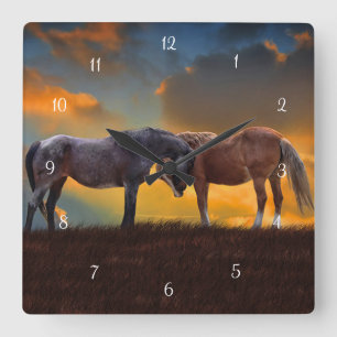 Horses Fantasy Surreal Sunrise Palomino Roan Vierkante Klok