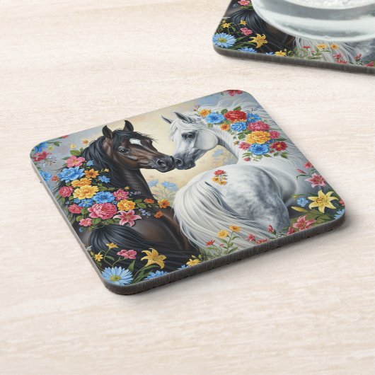  Horses framed in flowers Coaster Bier Onderzetter (Linkerzijde)