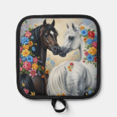  Horses framed in flowers pot holder Pannenlap (Voorkant)