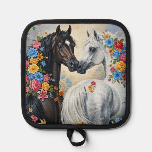  Horses framed in flowers pot holder Pannenlap (Voorkant)